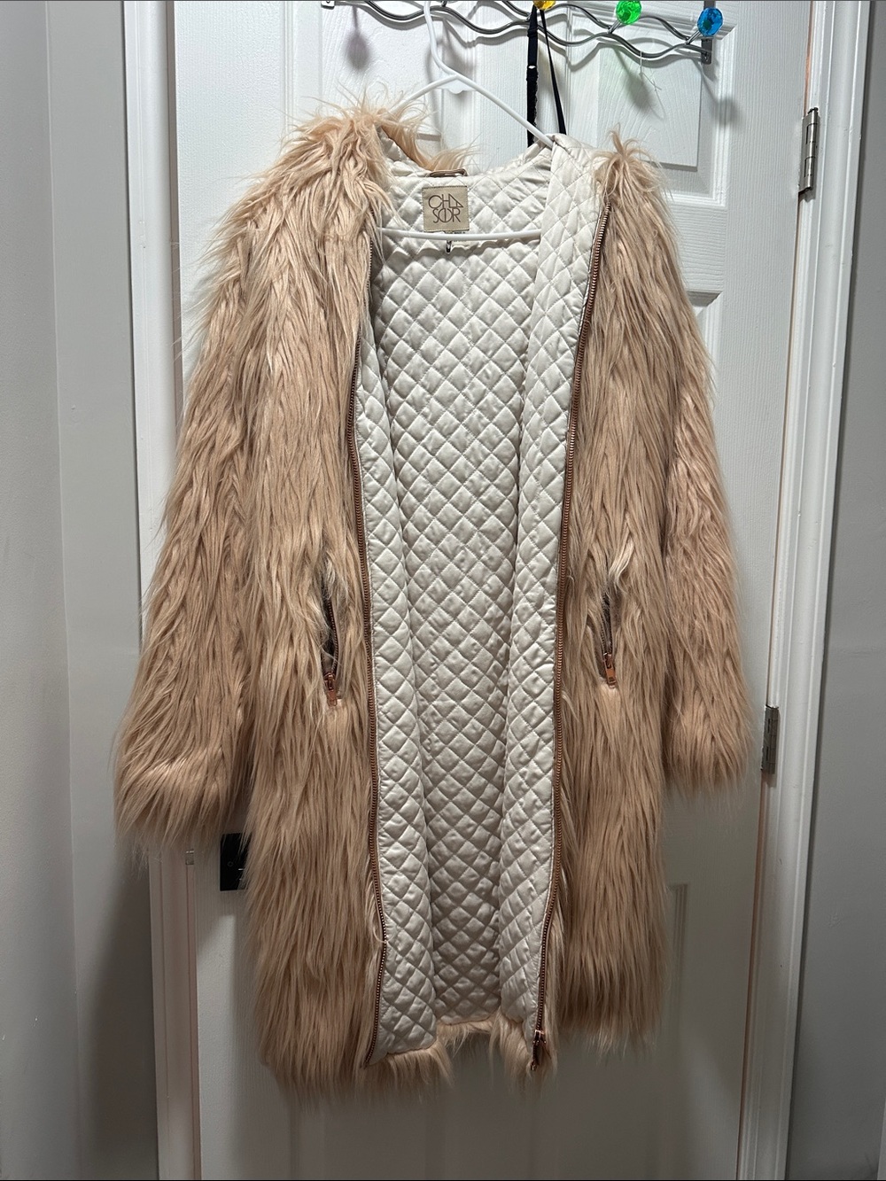 Chaser Faux Fur Long Coat in Beige -
